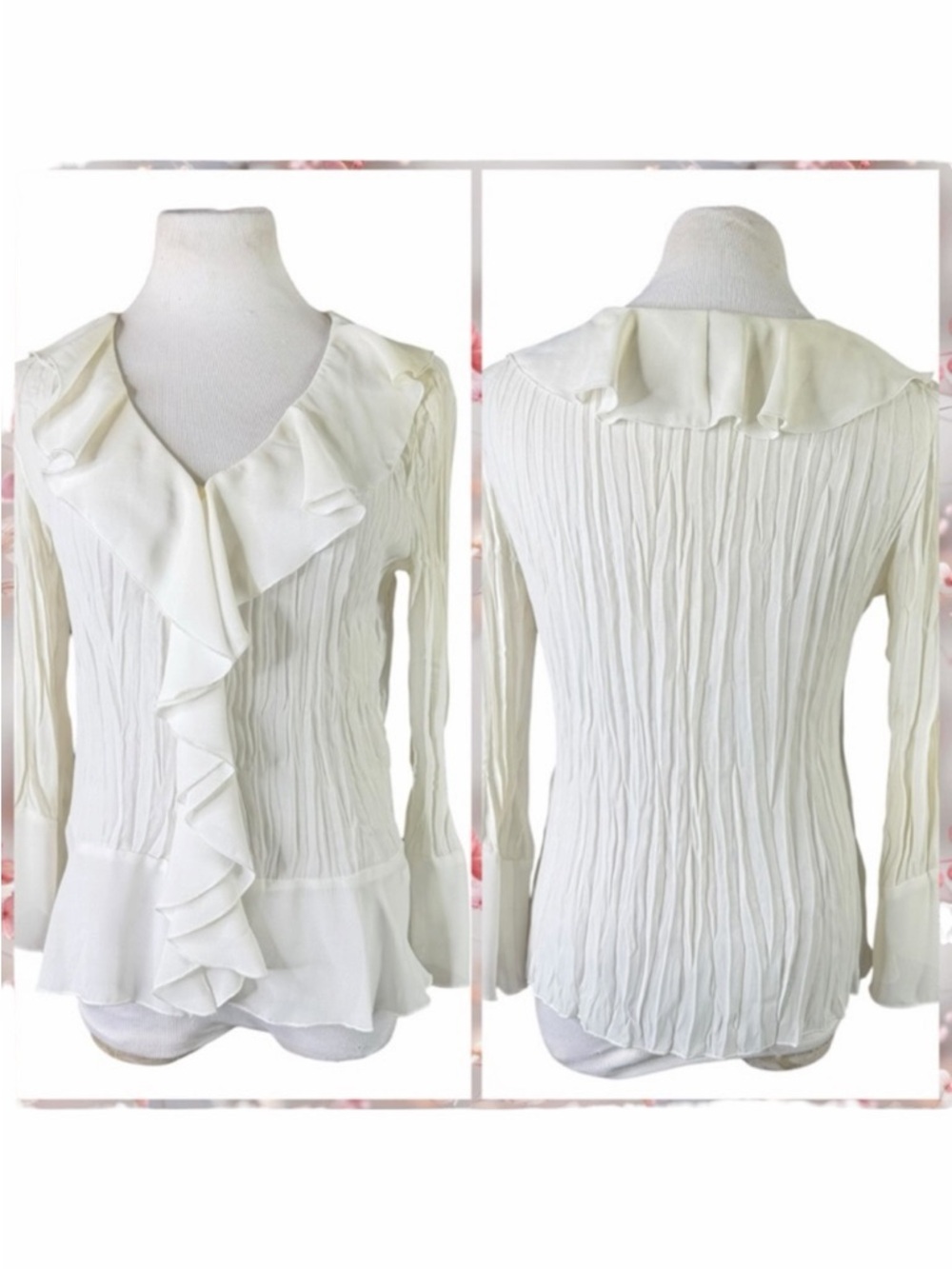 Sunny Taylor Cream Waterfall Ruffle Crinkle Long Sleeve Button Front Blouse - M